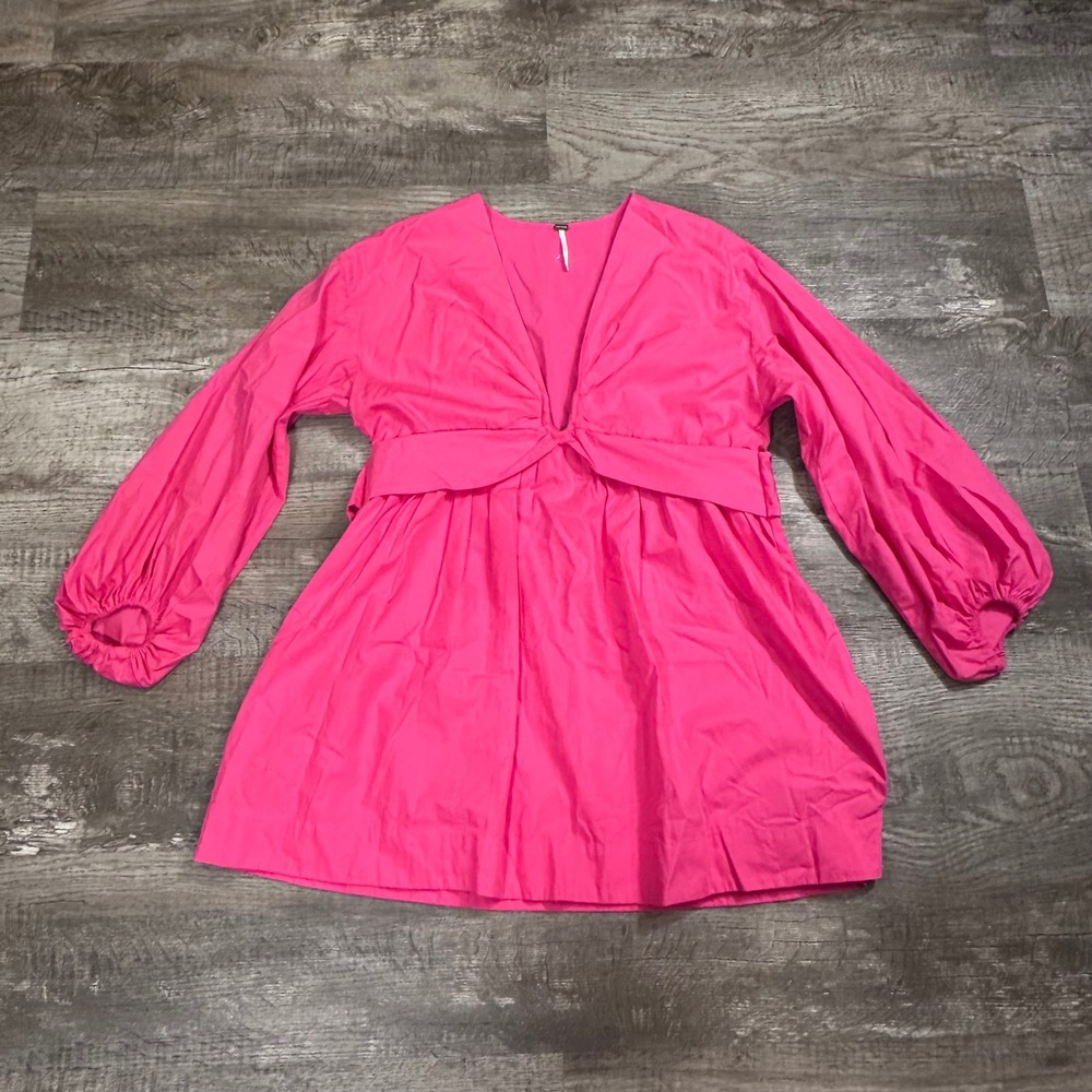 Free People Hot Pink Deep V-Neck Balloon Sleeve Mini Dress XS Boho Tie Back
